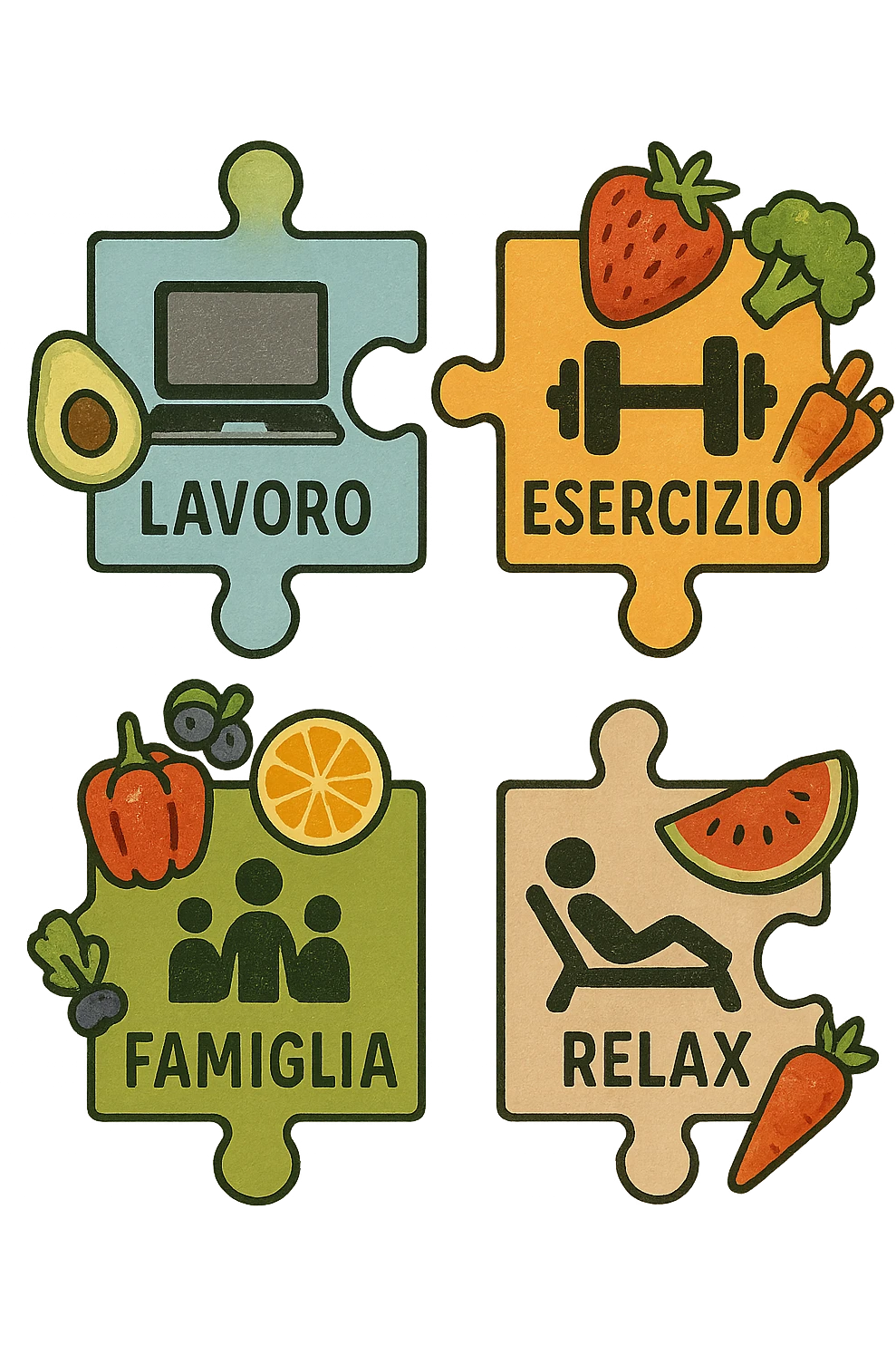 Puzzle (Lavoro, Esercizio, Famiglia, Relax), in lavoro metti icona di un PC, in Esercizio un Manubrio, in Famiglia una famiglia, in Relax qualcuno che riposa and healthy foods are integrated into each piece. in italiano emoji