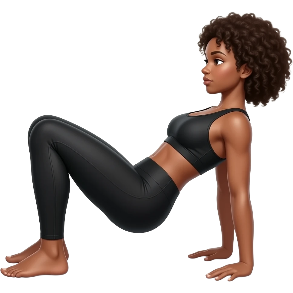 Light-brown Black woman, afro hair, wearing black sports bra and leggings, performing GLUTE BRIDGE, full body, toned glutes and legs, strong posture, realistic fitness style, clean background, soft lighting. emoji