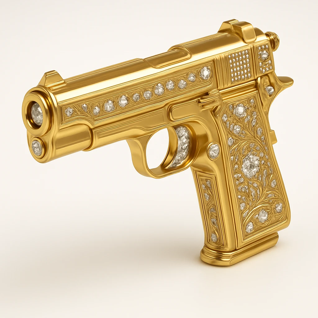 Add diamond details to the golden gun, keep it shiny and elegant, in gold objects style. emoji