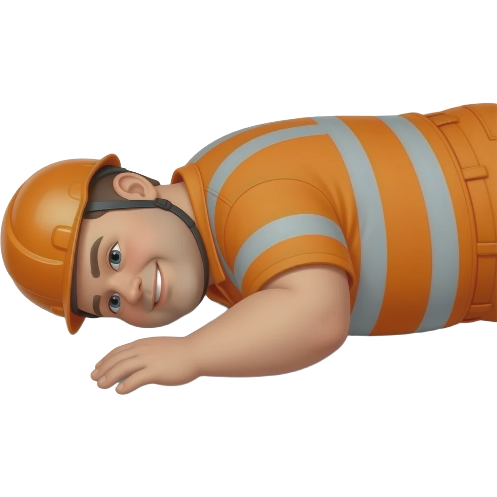 fat MAN, no helmet, IN ORANGE HIVIS OVERALLS, not happy, laying face down on floor, side view emoji