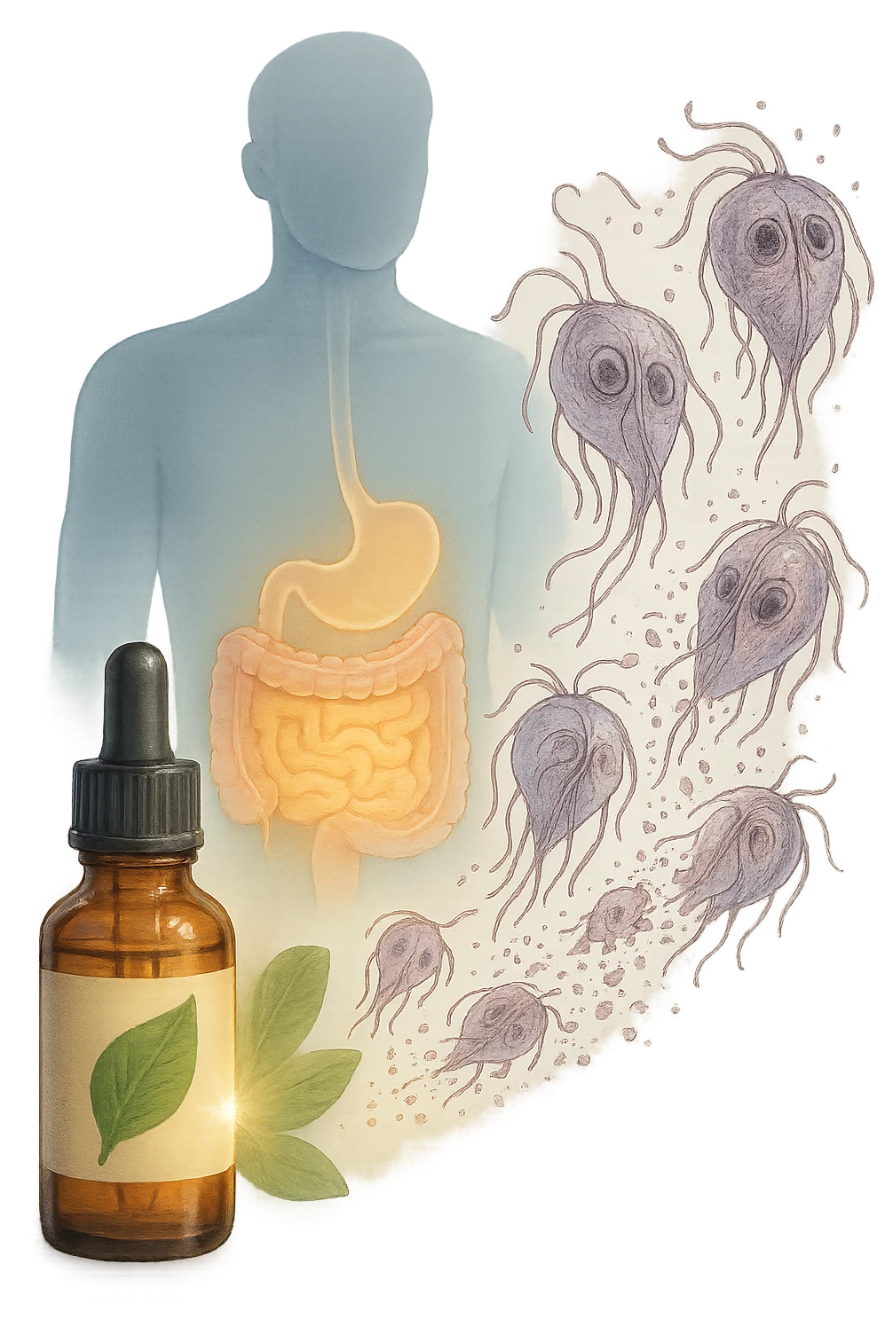 A realistic, high-quality medical illustration showing microscopic parasites leaving the human intestines, symbolically dissolving and breaking apart, after the intake of natural kinesiological drops. The drops are shown in a small amber glass dropper bottle in the foreground with a green leaf on the label, emitting a subtle glow symbolizing detox and cleansing. The background depicts a semi-transparent human silhouette with a highlighted digestive tract, showing clean, healthy intestines, while parasites in translucent fading colors are moving out, symbolizing elimination. The atmosphere is clean, fresh, and conveys a sense of natural healing, detoxification, and hope. emoji