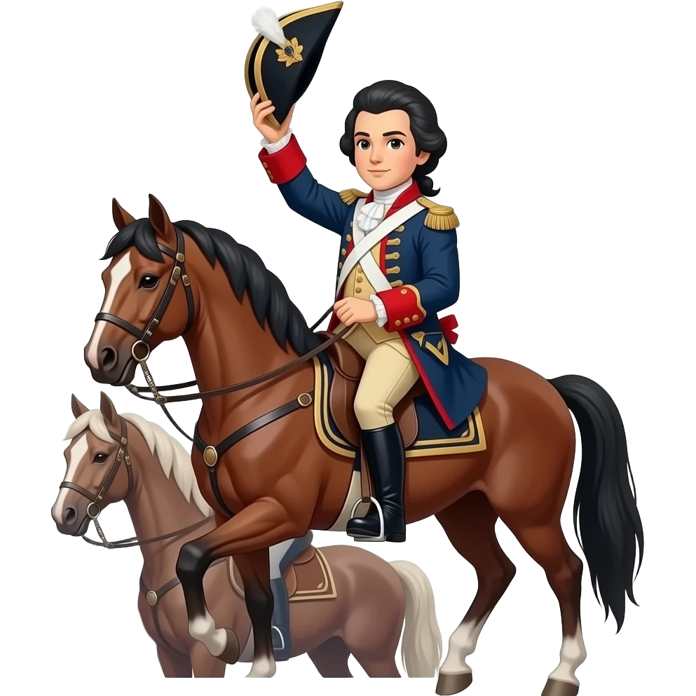 vintage soldier xviii century black hair in a horse holding high one hat emoji