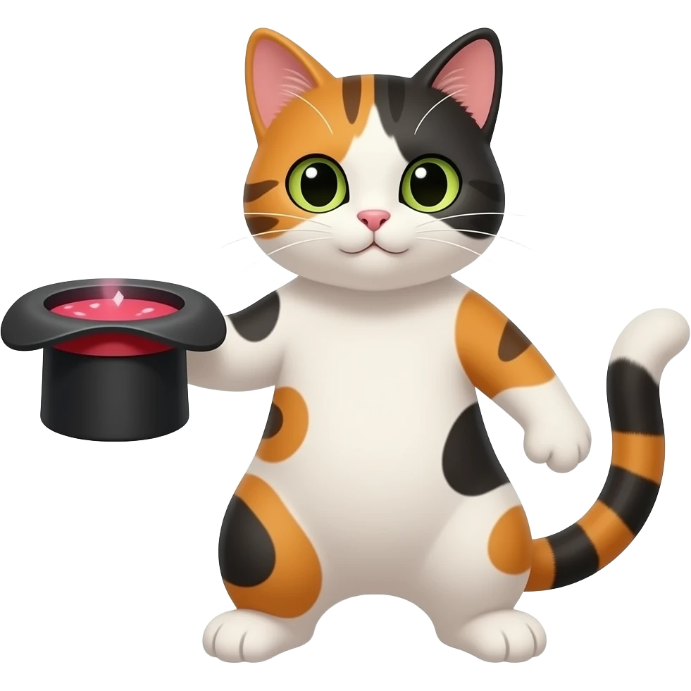hazme a un gato tricolor haciendo un truco de magia emoji