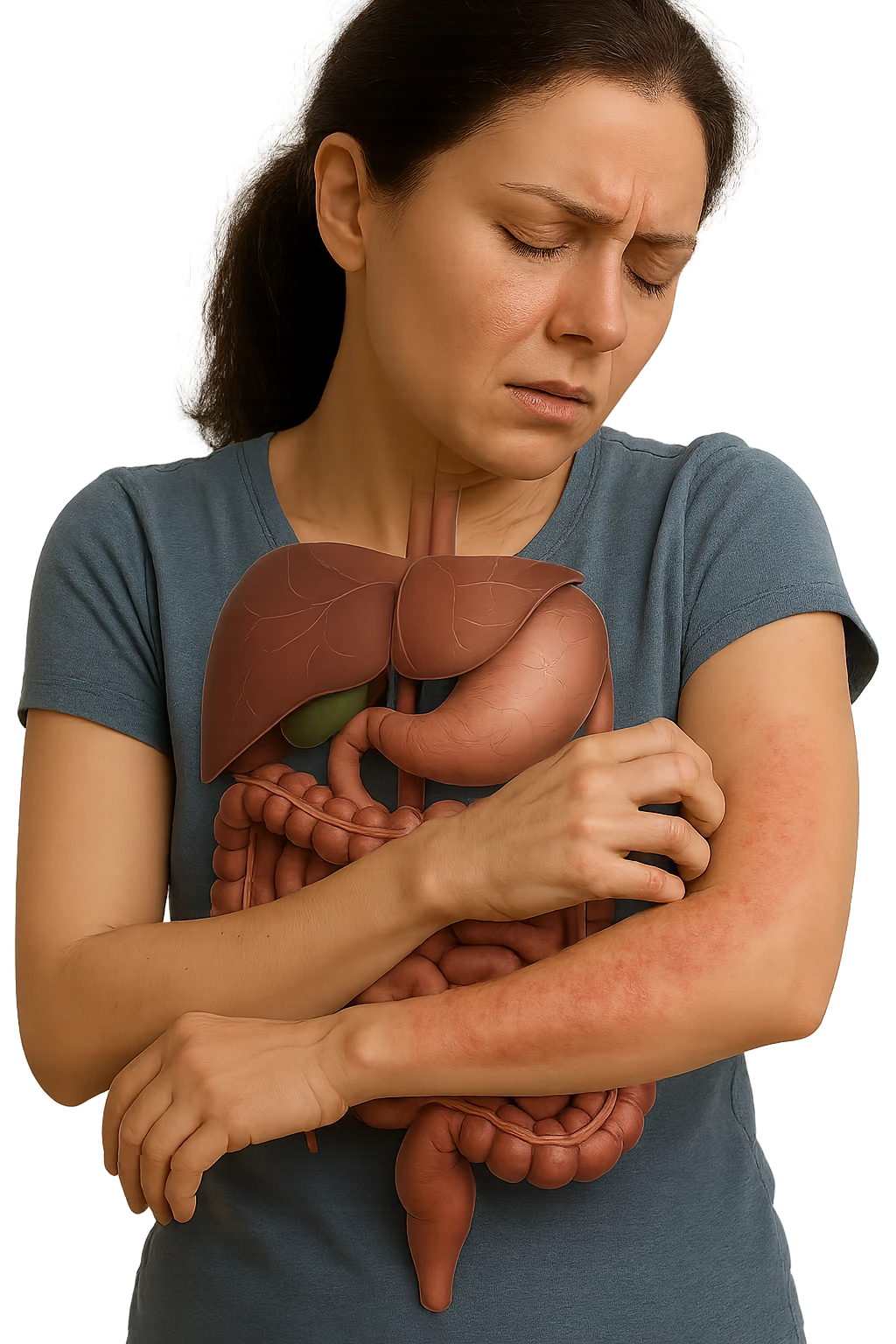 donna con intestino umano anatomico realistico che si gratta il braccio su cui ha un'eritema, iperrealistica 4k emoji