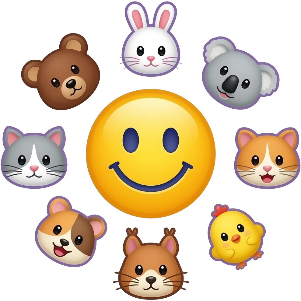 Yellow Smiley in the centre, circle,serrounded by the head only of these symbol 🐻🐰🐨🐈🐹🐿🐥, with bright yellow and background, light purple outline emoji