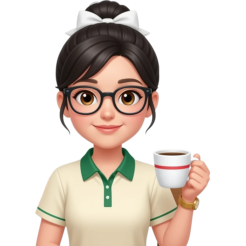 Chica de pelo negro medio recogido con un moño blanco, ojos café claro y piel blanca con gafas negras, camisa con cuello verde y beige de manga corta color beige y lineas verdes, sentada en una silla de madera , en la mano derecha una taza de cafe blanca con líneas rojas y un reloj dorado emoji