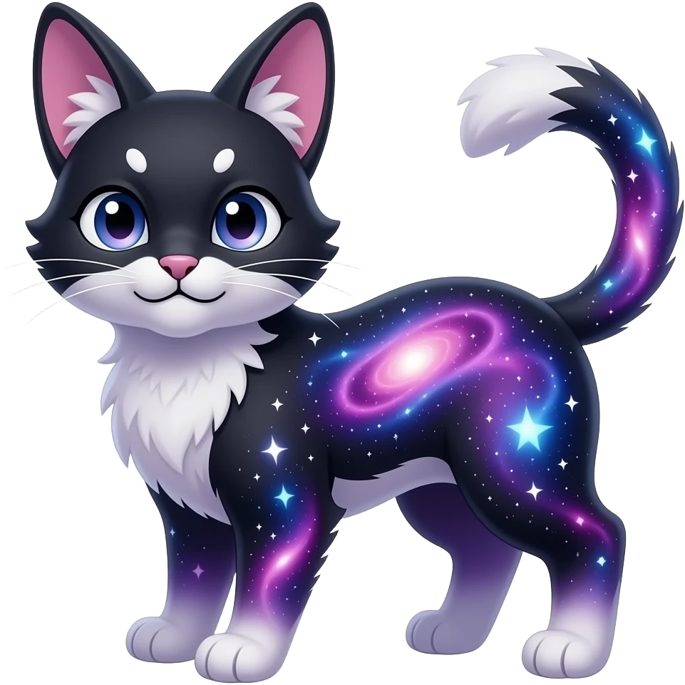 Colorful black-violet-indigo-purple-gradients nebulae nebula starry galactical shiny white-stars-spotted glorious iridescent divine exotic cute cool beautiful realistic Meloetta-caracal-civet-bunny-oncilla-animal-Fakémon-hybrid-fursona with a thin tufted tail (full body) emoji