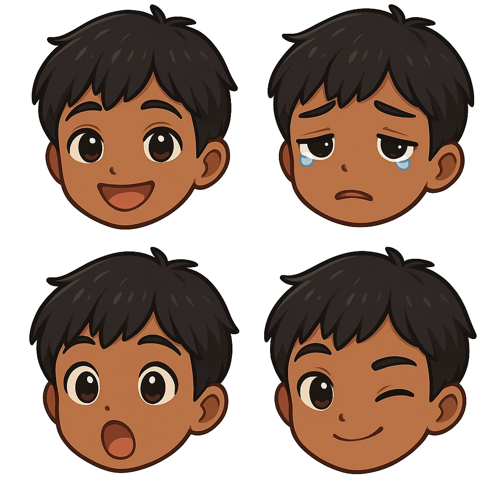 Create four expressive emoji faces based on the provided avatar image: happy, sad, surprised, and winking expressions. Keep the cartoon style and colors true to the original avatar, maintaining the chibi stickers style with vibrant and cute features. emoji