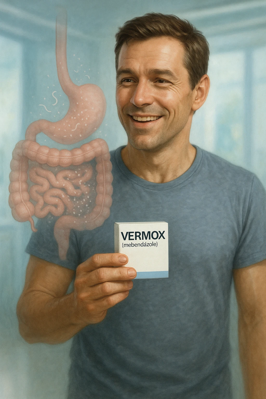 A realistic, cinematic illustration of a man in his late 30s holding a small white box of ‘Vermox’ (mebendazole) in one hand, with a relieved and hopeful expression on his face. Behind him, a semi-transparent overlay shows his digestive tract where small, symbolic worm-like parasites are dissolving and disappearing, indicating the medication’s effect. The environment is clean and bright, with a medical yet hopeful tone, conveying the concept of effective parasite removal. Subtle blue and green tones symbolize cleansing and health restoration, while the man appears energized and ready to reclaim his well-being emoji