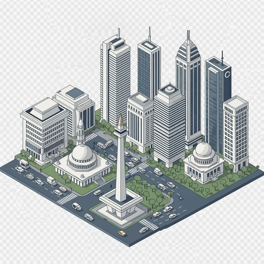 Isometric minimalistic illustration of Jakarta Monas (National Monument), Istiqlal Mosque, skyscrapers of Sudirman CBD, bustling streets with traffic and tuk-tuks, subtle 3D miniature effect and Tilt Shift effect, no cartoonish look, transparent background. emoji