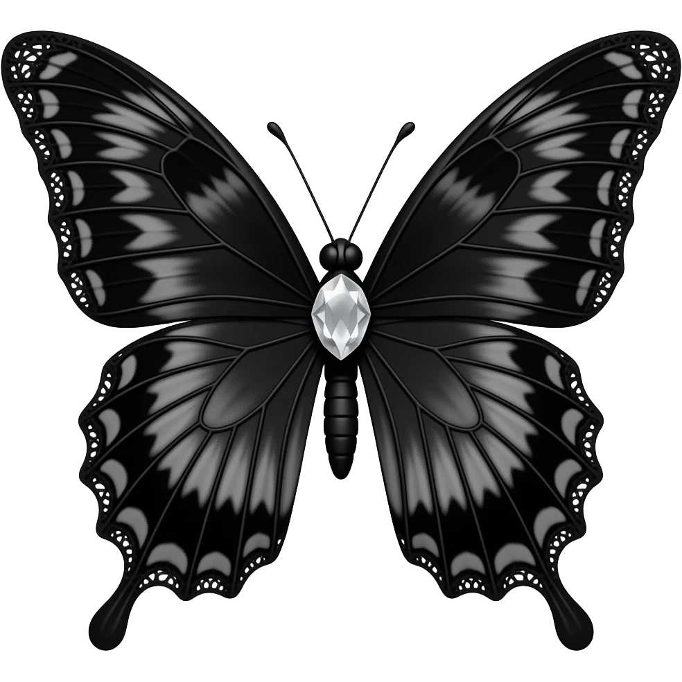 butterfly, 3D emoji gothic butterfly, black velvet, black filigree, black lace trim, white gem, elegant emoji