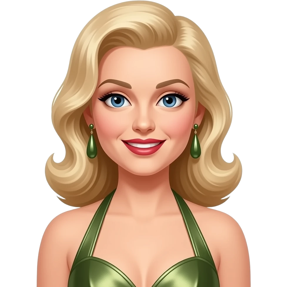 Patty Andrews from The Andrews Sisters with dark blue eyes, long blonde 40s hair, olive metallic halter dress, olive earrings emoji