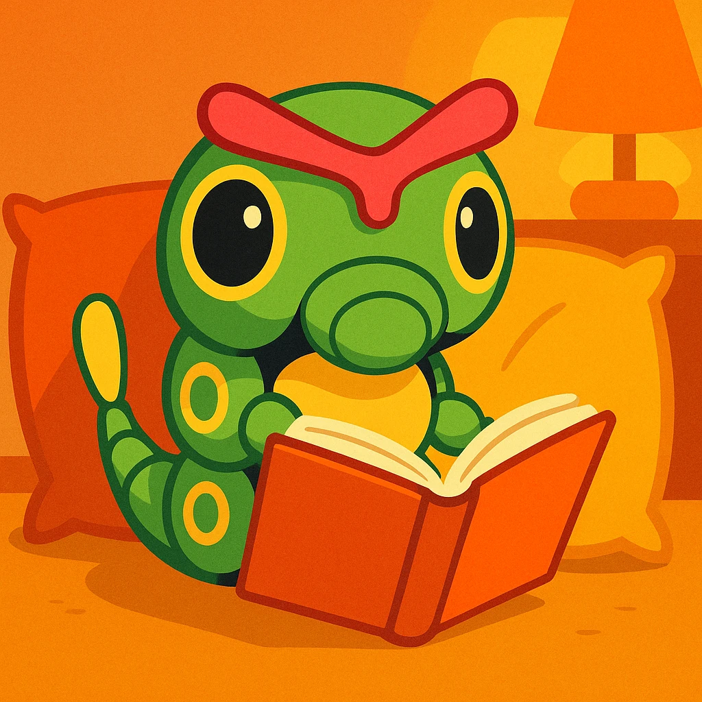 Caterpie reading a book, cozy cartoon style emoji