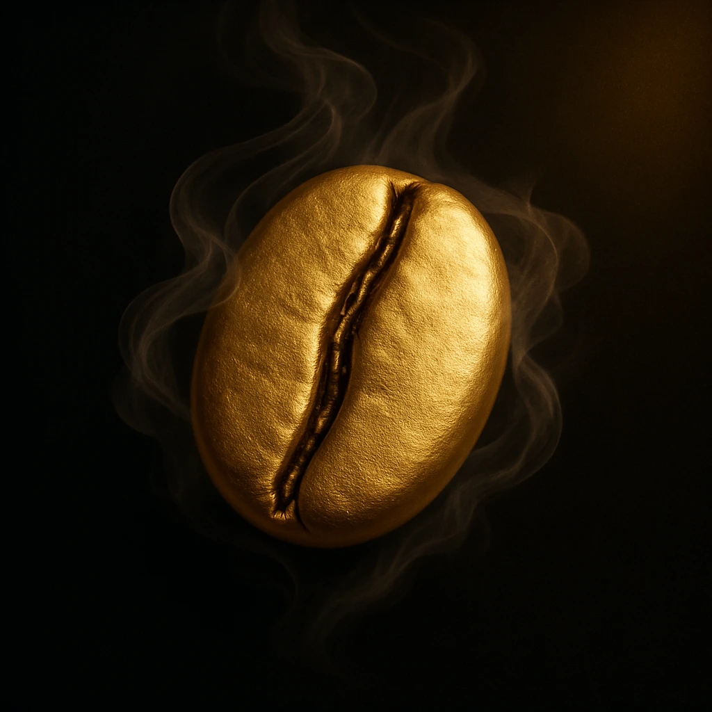 a single golden coffee bean, highly detailed and realistic, clean minimalist luxurious elegant style, bean wrapped in soft swirling mist evoking warmth and aroma of freshly brewed coffee, highest resolution, suitable for logo and branding, inspired by reference image, black background with soft golden glow in corners, transparent edges emoji