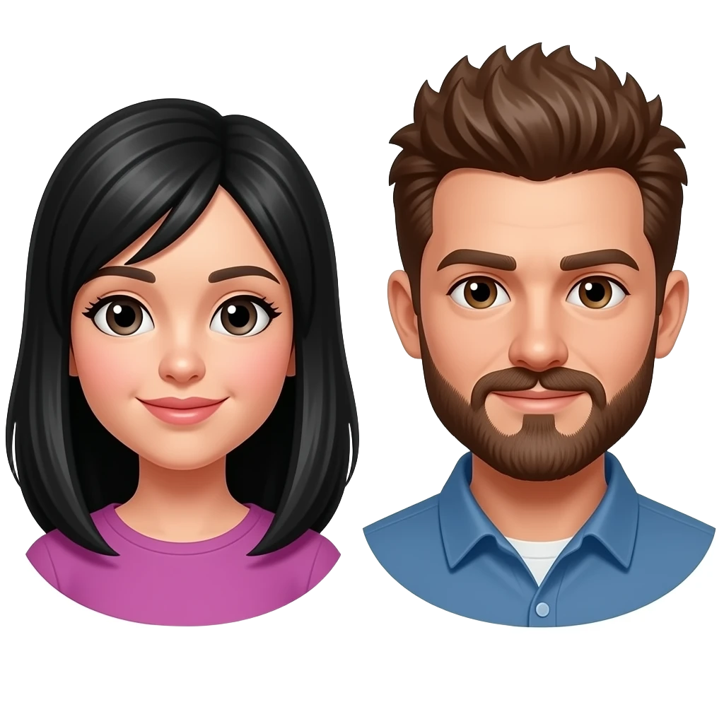 Girl with long black hair guy with brown short spikey hair and a beard and mustache emoji