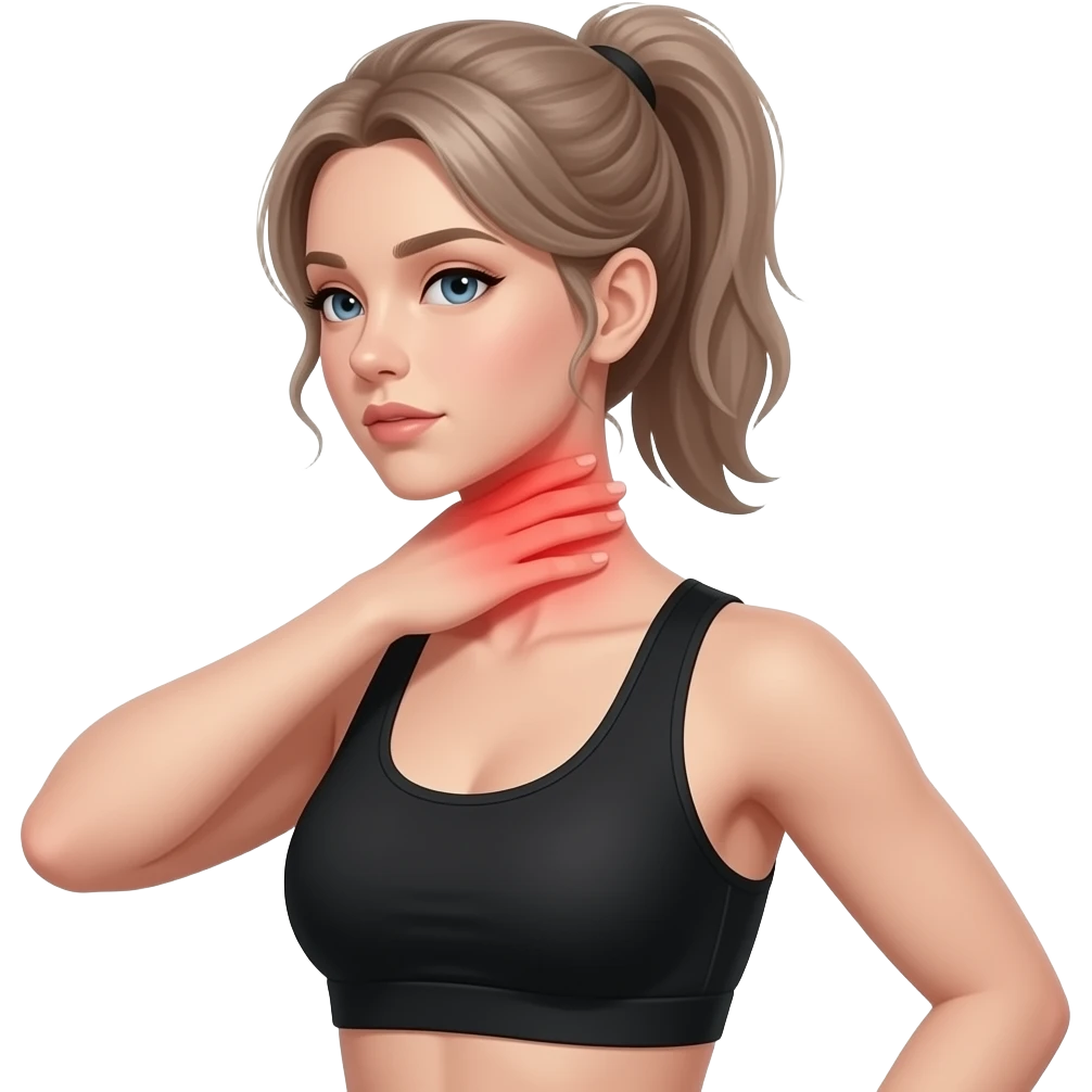 back neck pain, red glow on neck, woman touching her neck, fair-skinned woman, ash light brown hair tied back, slim athletic body, black workout set emoji