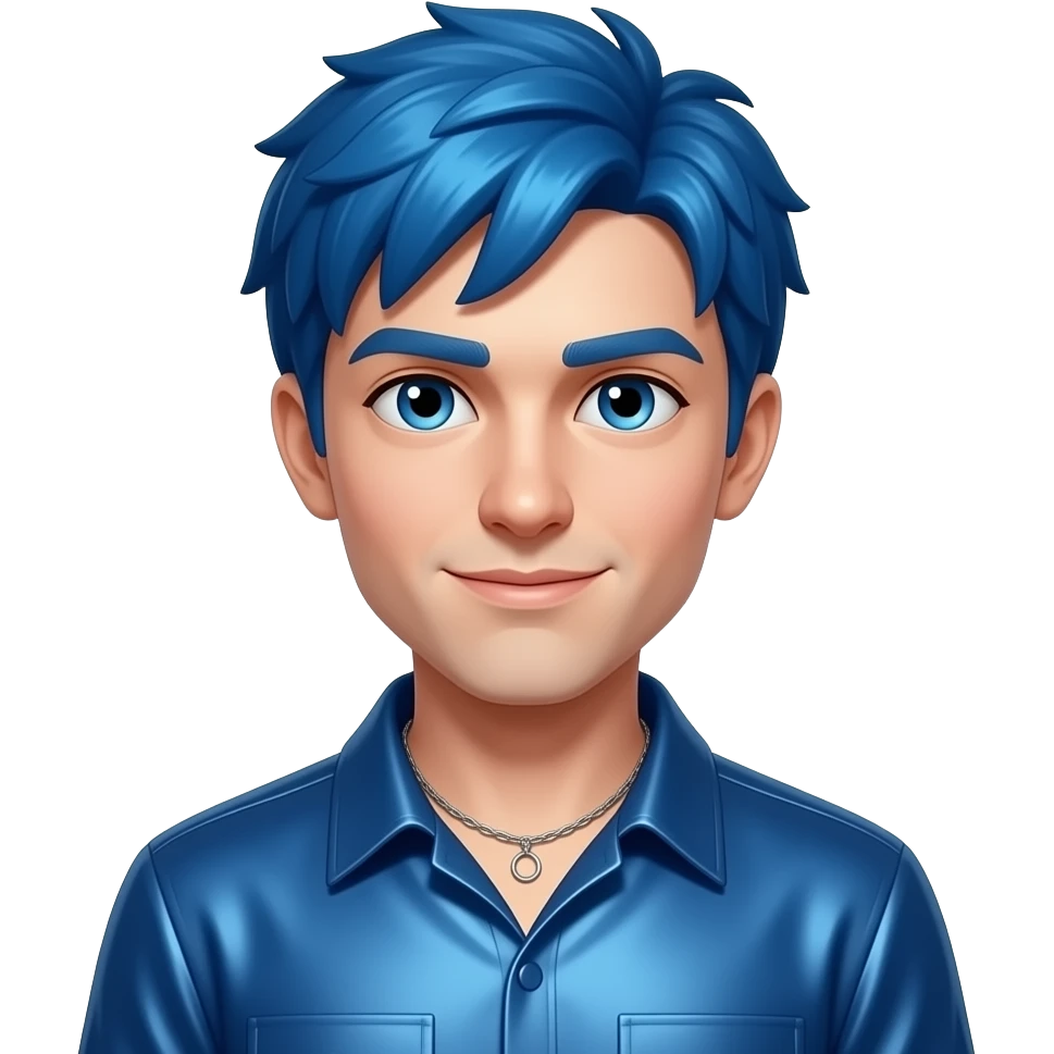 DanTDM with blue eyes, blue hair, indigo metallic shirt, silver necklace emoji