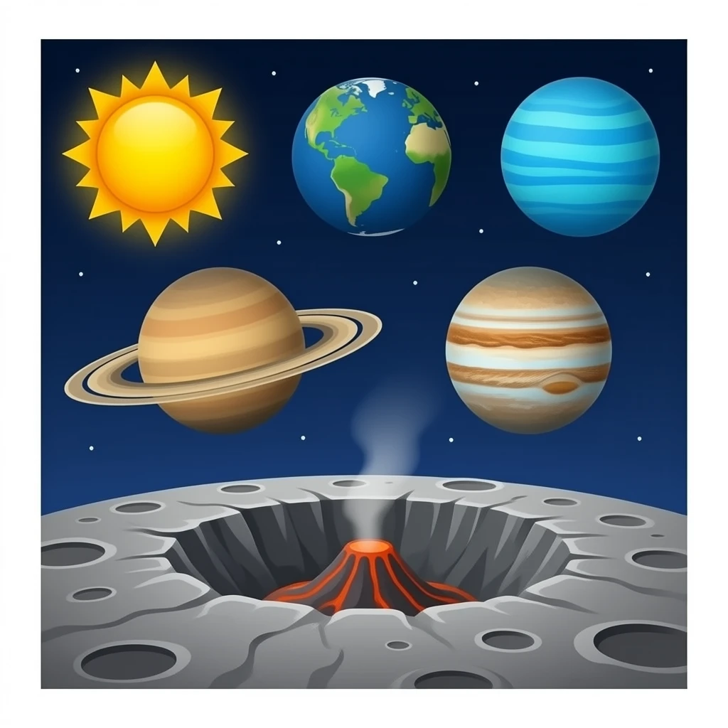 The sun and a cratered planet a volcanic planet earth a rusty planet Jupiter Saturn Uranus with rings  and neptune in a solar system penis emoji