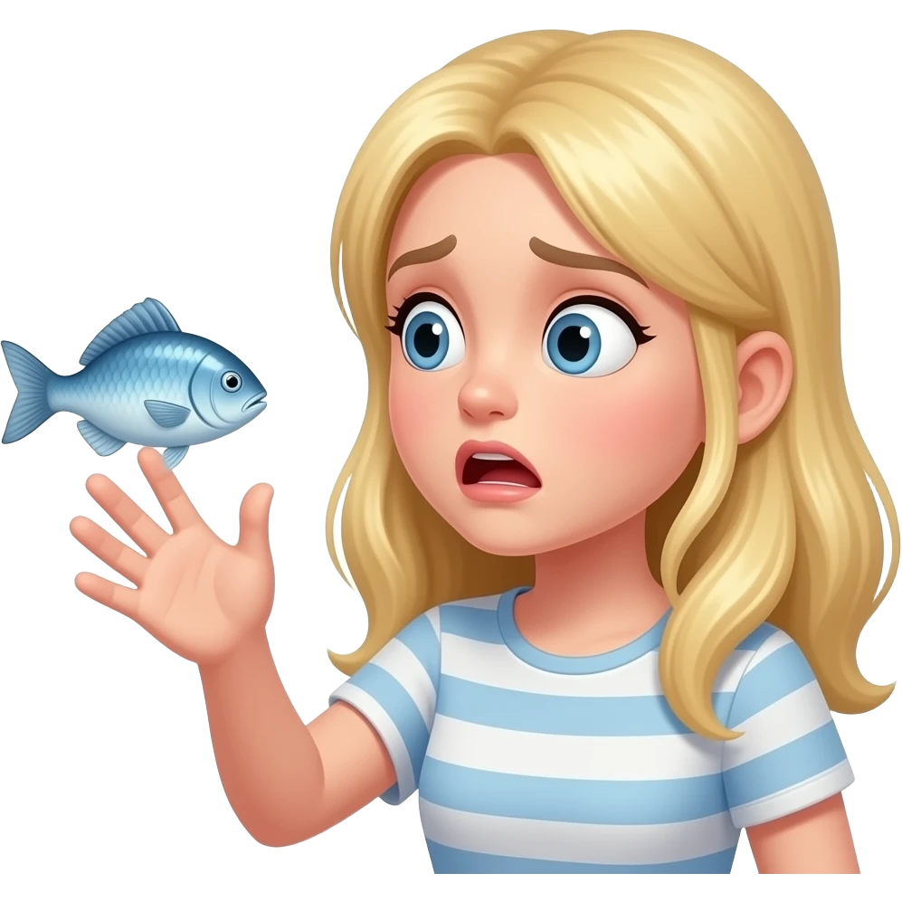 a blonde haired girl scared to touch a fish emoji