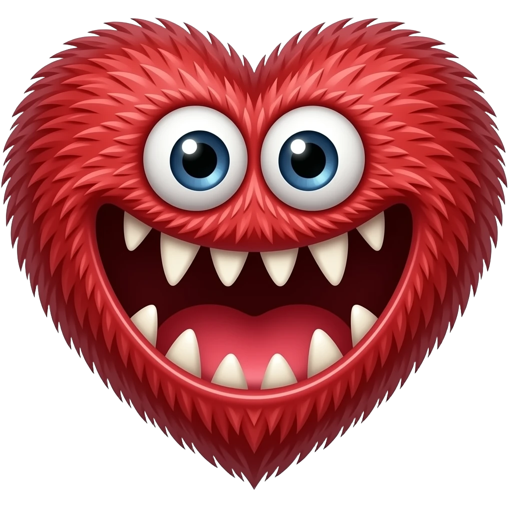 Crie o emoji de um monstro com a cara no formato de coração vermelho com ema boca grosa e vermelha cheia de dentes aviados ela tem pelo e olhos grandes emoji