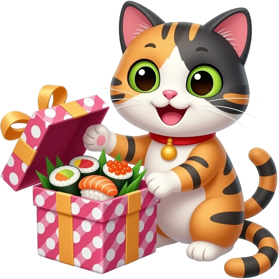 a happy female cat opening a present filled with sushi emoji