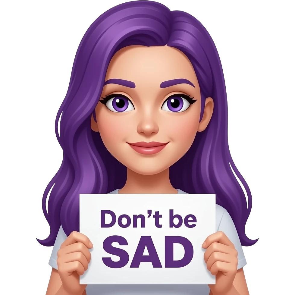 sexy girl with long purple hair and purple eyes holding Don't be SAD sign emoji