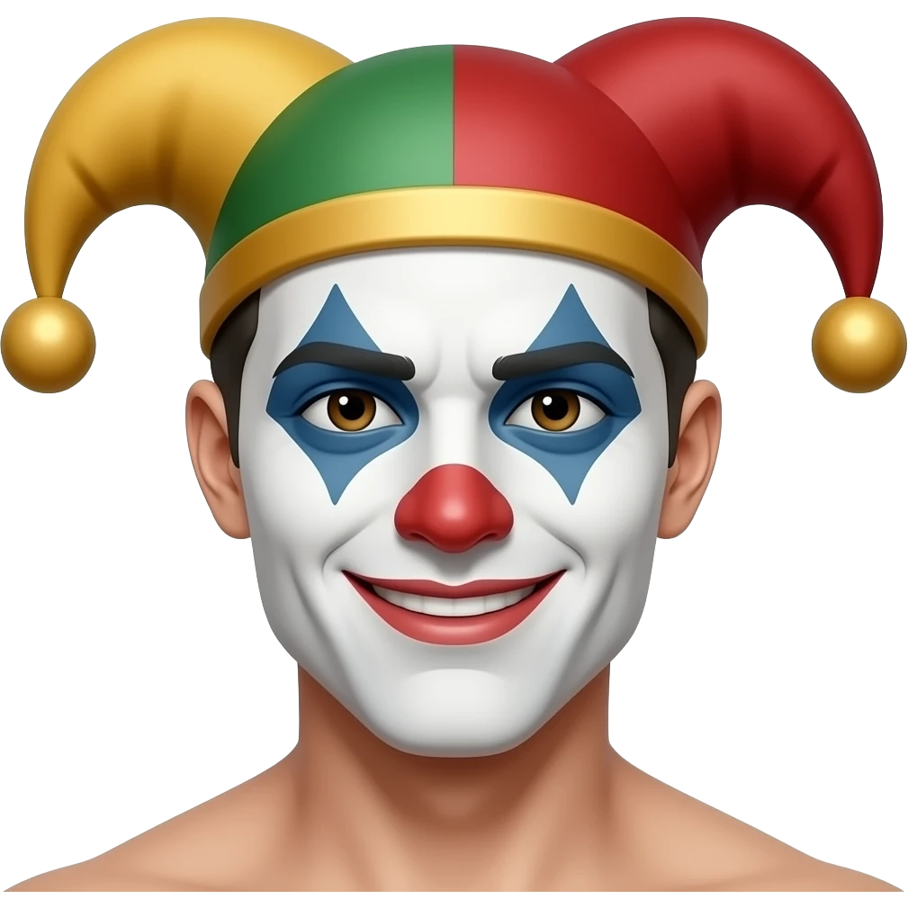 Following this image of our jester emoji, can you make his face realistic and attractive giving him a white powdered skintone, a sharp but smooth jawline, and manly facial expression, have his eyes dark but sad, keep him smiling emoji