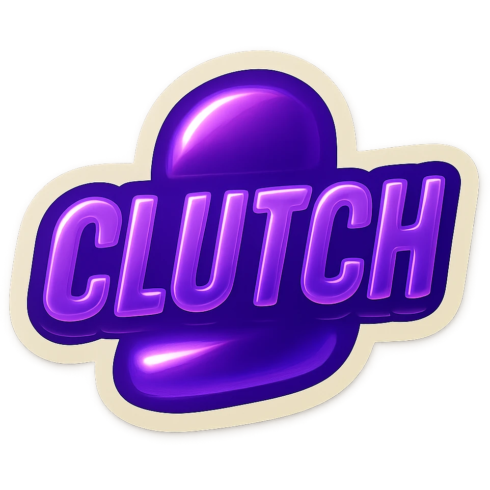 A gamer slang emote with the text 'clutch', neon purple theme, compact and expressive emoji