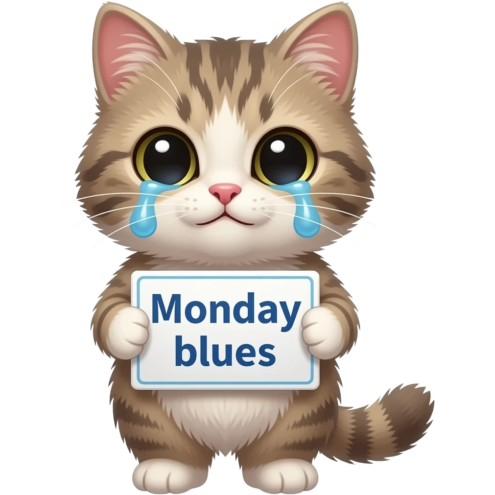 Adorable furry cat with big tears in eyes carrying a “Monday blues” sign, 8k. Highly detailed, 3d render emoji