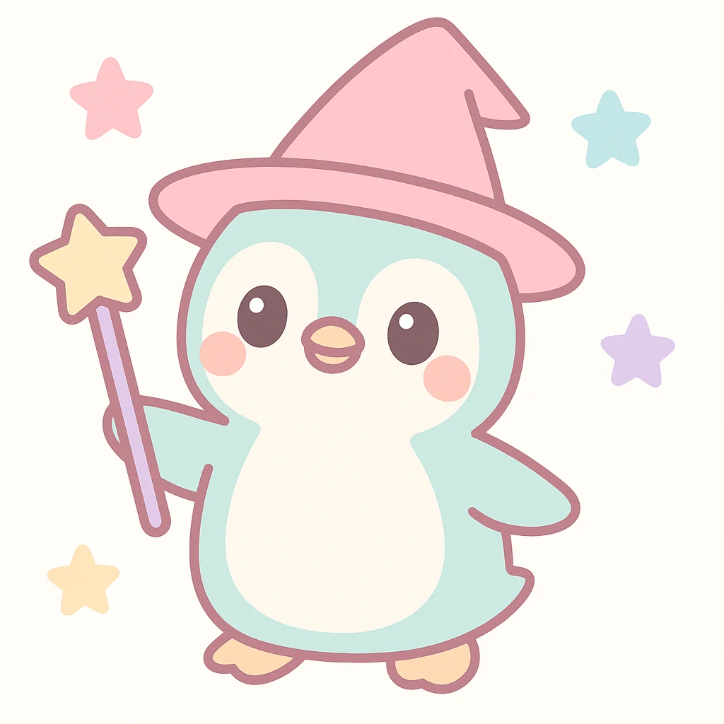 cute and whimsical penguin dressed as a wizard, wearing a pointed hat and holding a magic staff emoji