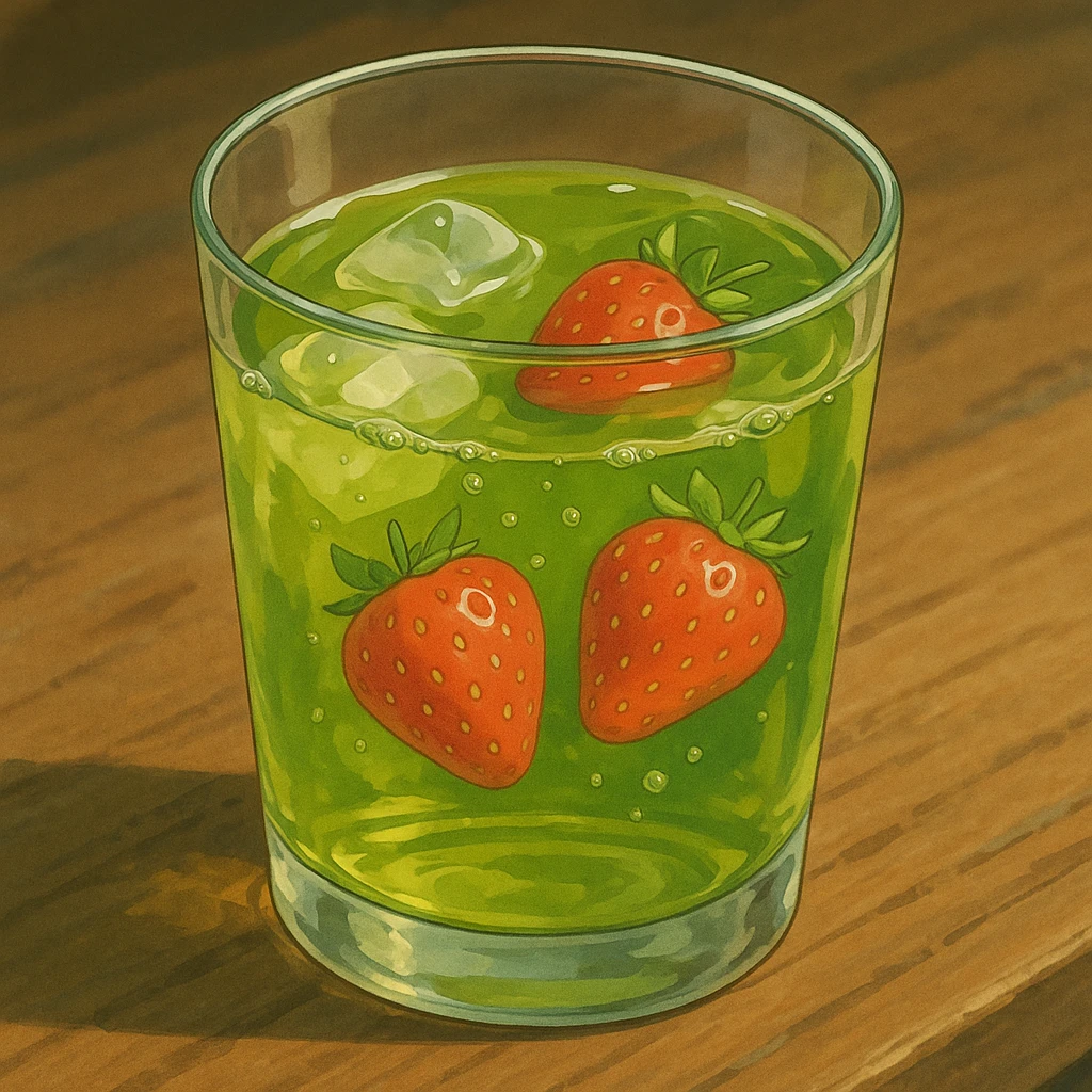 realistic glass of green tea with strawberries in ghibli style emoji