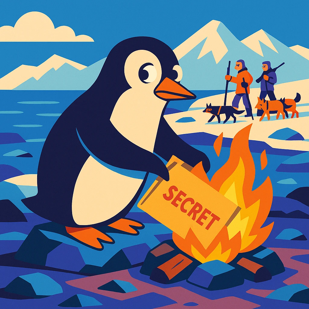 vibrant toon style penguin on a rocky polar shore, burning secret materials in a campfire, glancing around; far background, two people with wolf sled, rifles, skis emoji