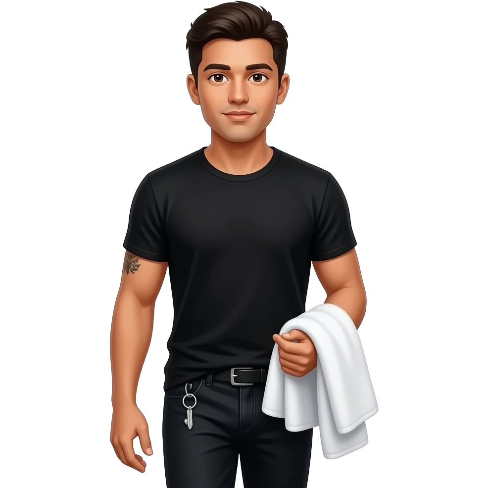 Handsome young ecuadorian guy with a few tattoos in black shirt and black pants wearing keys around him walking with a bunch of towels in his hand emoji