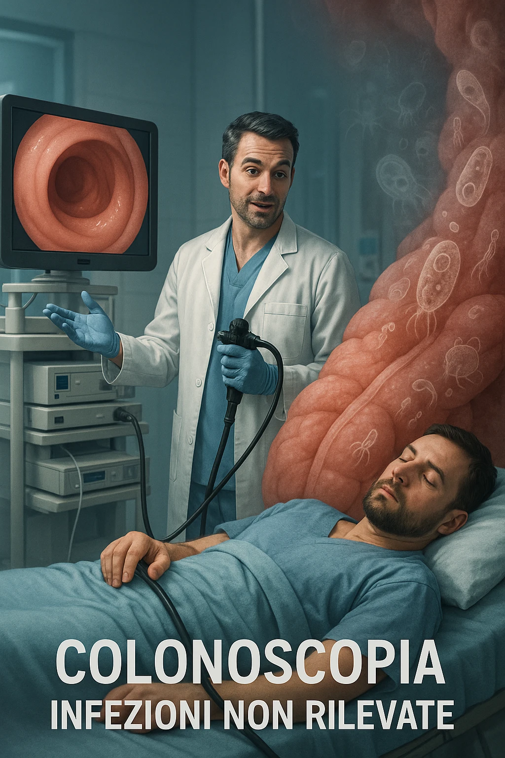 A medical cinematic illustration showing a patient undergoing a colonoscopy in a modern clinical setting. On the monitor, the endoscopic camera shows smooth, healthy-looking intestinal mucosa — clean and without evidentiary signs. But layered symbolically in the background (or faded into the intestinal wall), tiny parasitic organisms like protozoa and helminths are subtly depicted hiding between folds, or embedded deeper in tissues, undetectable by the surface-only scope. The doctor gestures with confidence, while the patient remains unaware that the test might not reveal the true underlying infection. The scene has cool clinical lighting, shallow depth of field, and realistic anatomy, overlaid with symbolic, almost ghost-like imagery of parasites in italiano emoji