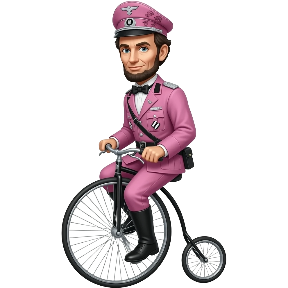 cinematic - Abraham Lincoln in a pink German World War II uniform with a pink tattoo helmet rides a velocipede emoji