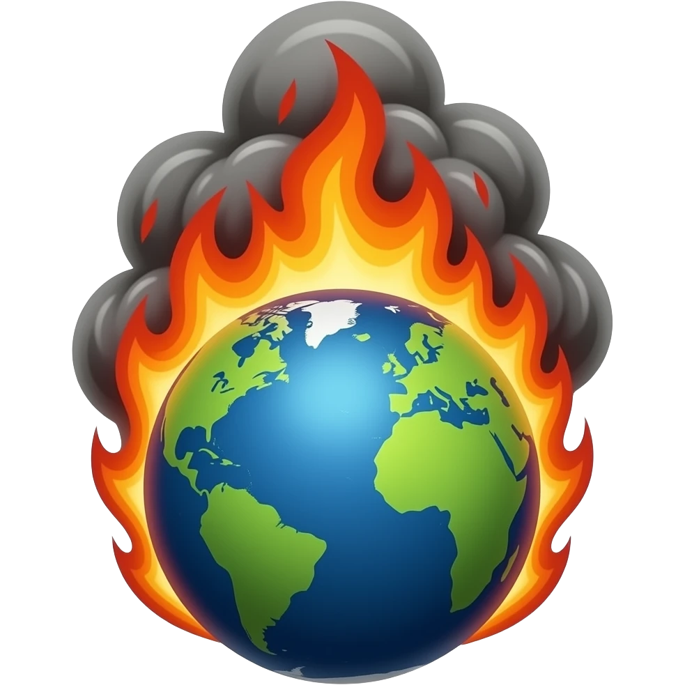 emoji style of a globe on fire, with jagged smoke rising. The flames should be deep orange and dark red. The overall feeling is tension and danger. Clean 3D render, high detail, studio lighting emoji