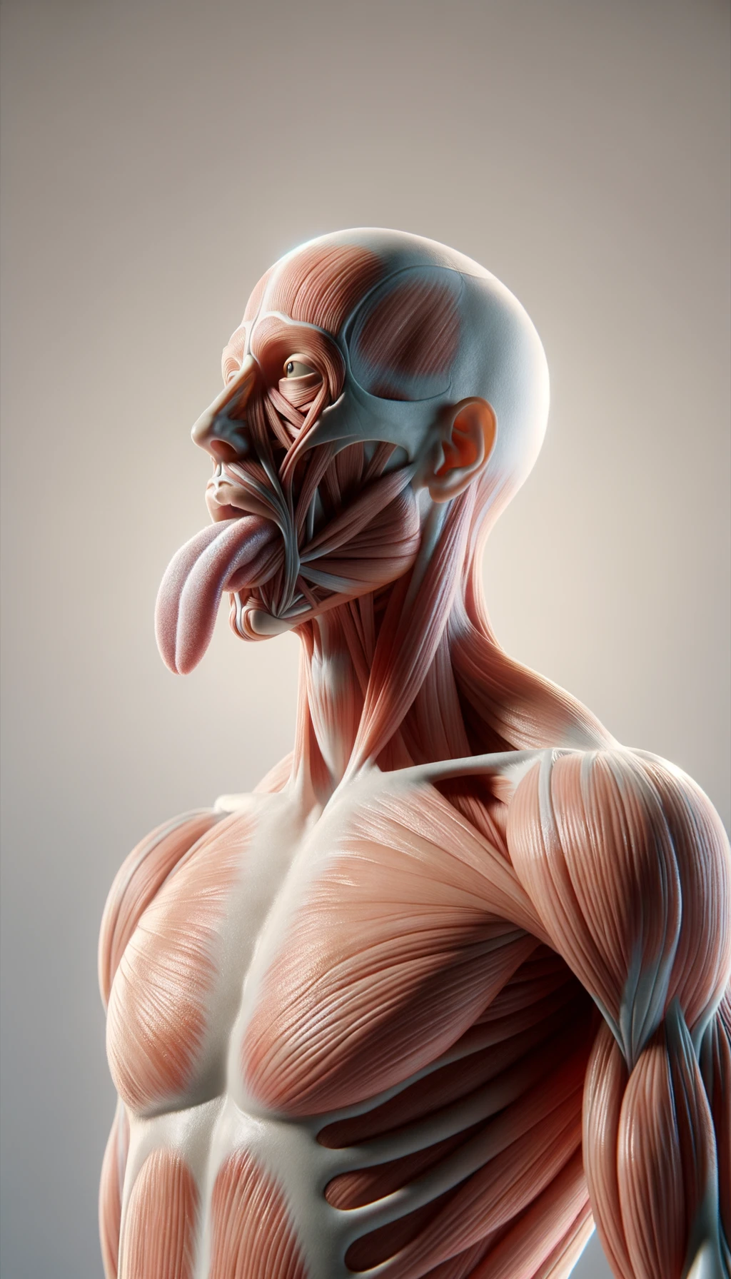 CORPO UMANO ANATOMICO IN PIEDI FRONTALMENTE CHE TIENE LA LINGUA UN PO' FUORI ED è PIENA DI MACCHIE BIANCASTRE, NEUTRAL CLEAR BACKGROUND, COLORI REALISTICI DEI MUSCOLI, iperrealistico 4k emoji