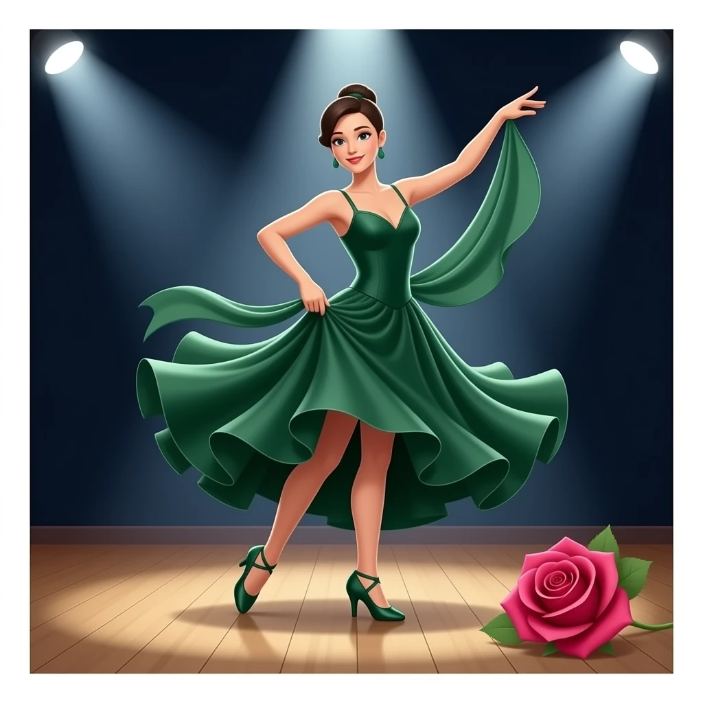 dark olive green a pair of ballroom dance shoes, a rose, a dance floor, a flowing, voluminous ballroom dress in motion, and a shining spotlight. The icon should represent the elegance and atmosphere of ballroom dancing, focusing on the attire and setting emoji