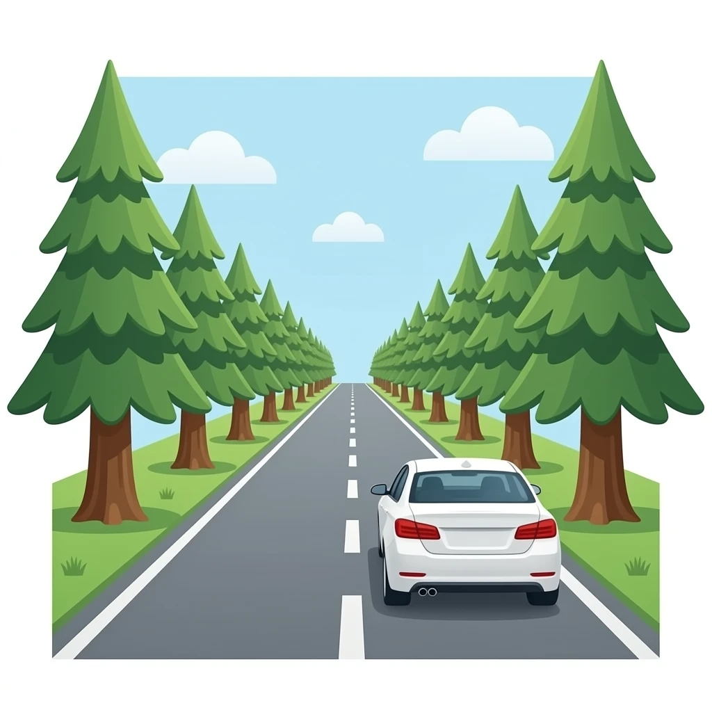 Flat vector emoji, receding road perspective, identical white sedan driving left lane, symmetrical pine trees. emoji