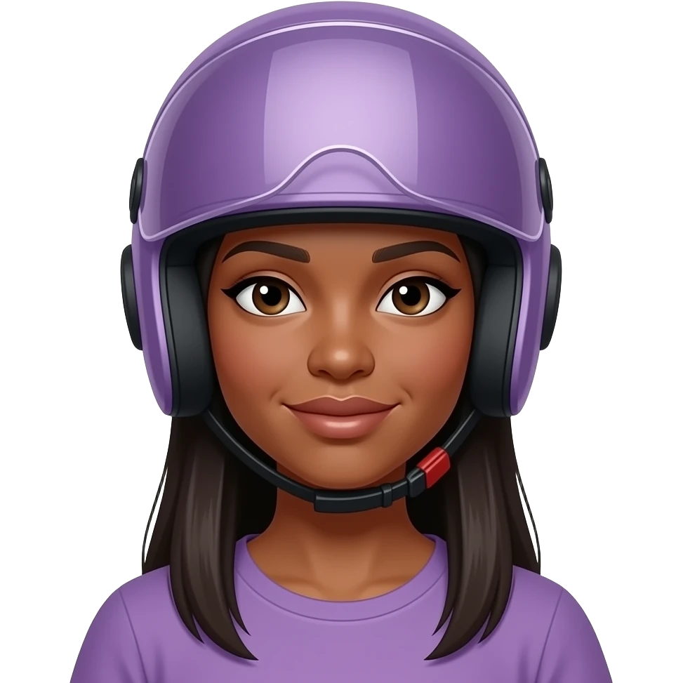 Mujer morena de cabello lacio largo con casco color lila violeta emoji