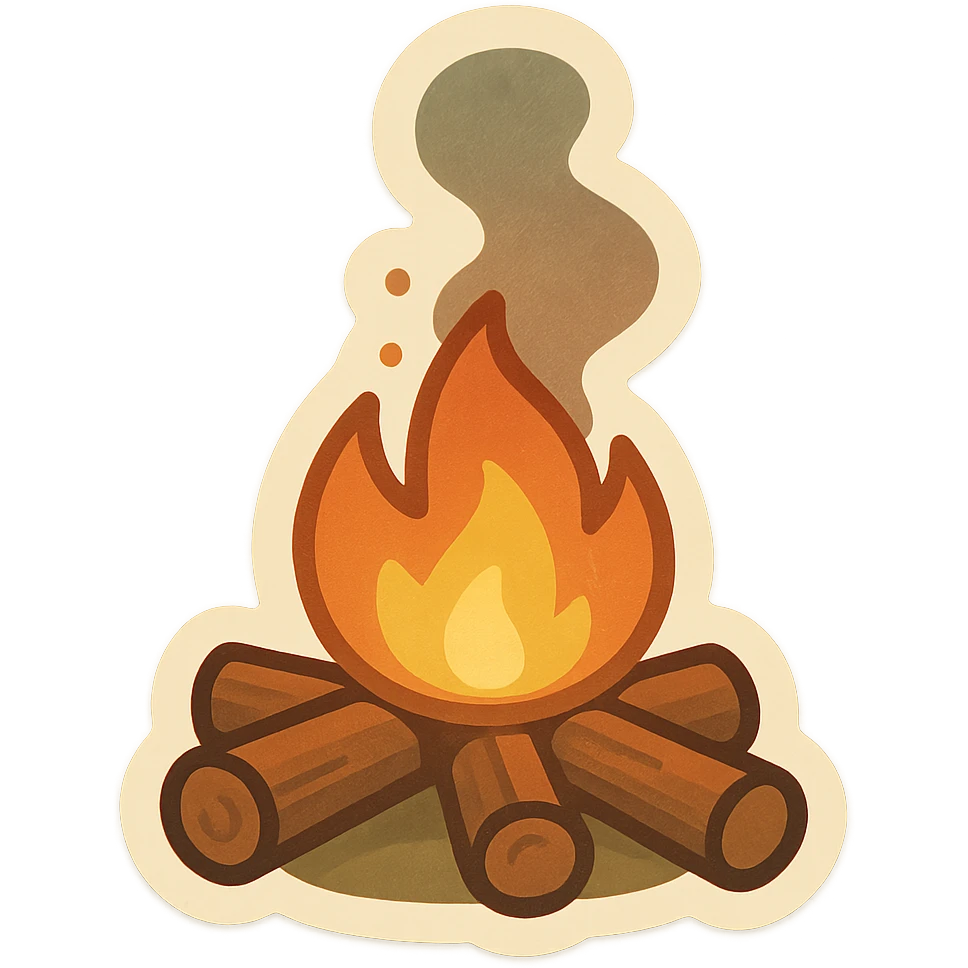 animated campfire crackling softly with rising smoke, retro vintage style, cozy acoustic aesthetic, warm muted colors, subtle grain, soft lines, 112x112px, smooth loop, nostalgic analog mood emoji