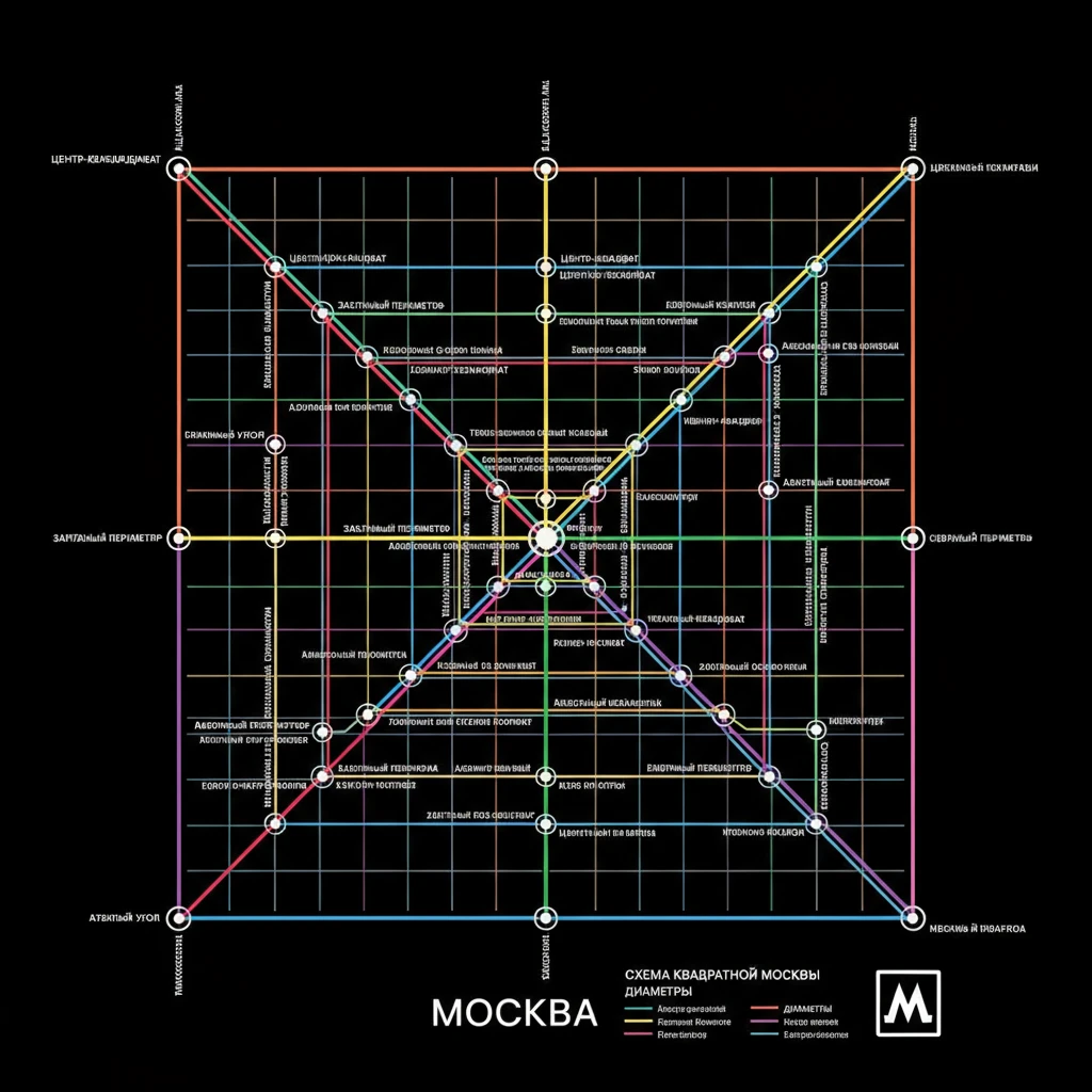 Схема Москвы в стиле московского метро, но если бы Москва была полностью квадратной emoji