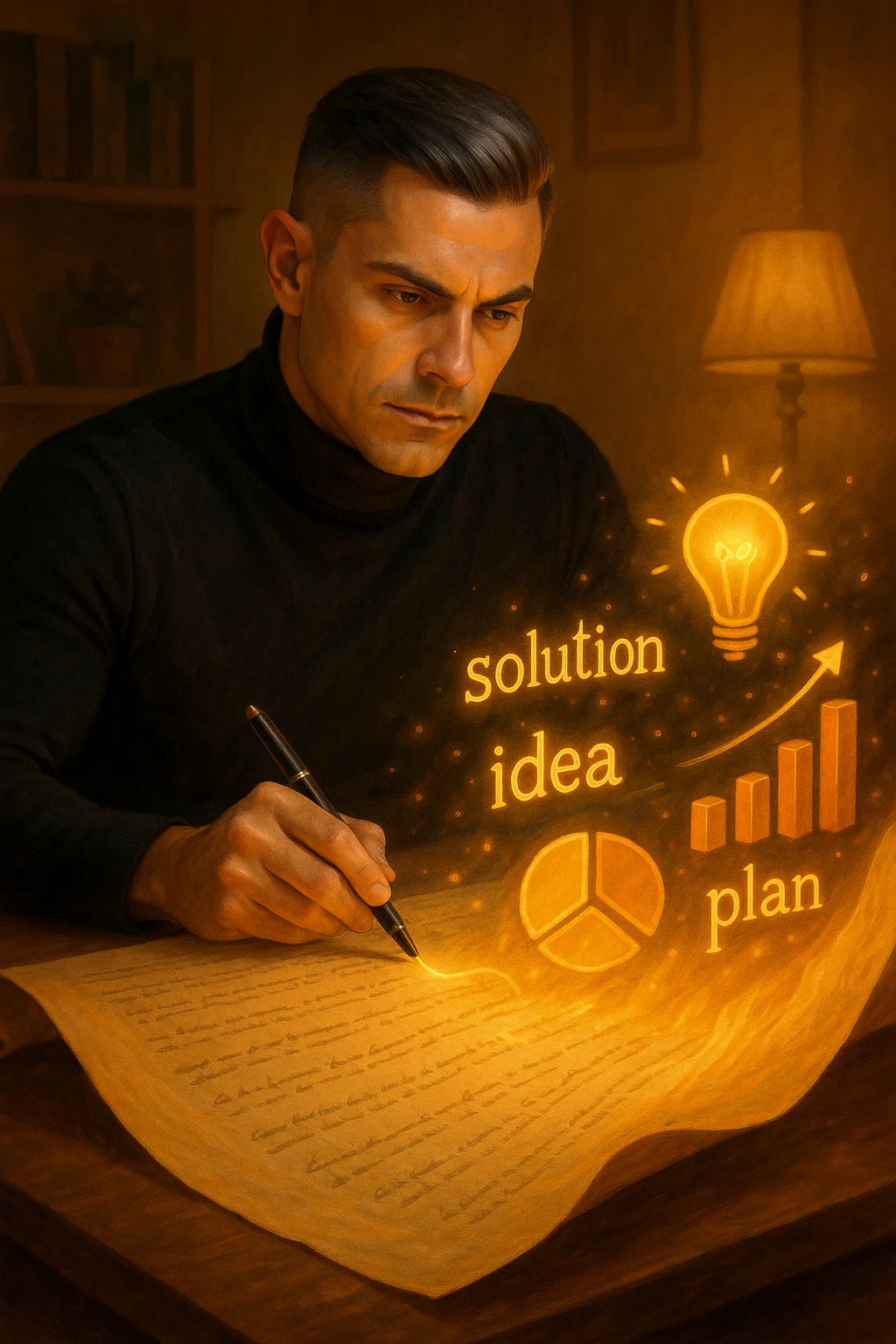 Un uomo concentrato, seduto alla sua scrivania in una stanza con luce calda, sta scrivendo su un enorme foglio di carta che si espande magicamente davanti a lui. Mentre scrive, le parole si trasformano in elementi visivi tridimensionali che rappresentano le soluzioni ai suoi problemi emoji