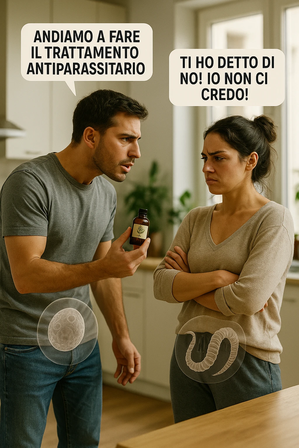 A highly realistic, cinematic photo of a young couple in their early 30s having an argument in a bright modern kitchen. The man, athletic build, wearing a casual T-shirt and jeans, is speaking firmly with a raised hand holding a small amber glass bottle labeled with a subtle herbal symbol, saying 'Andiamo a fare il trattamento antiparassitario' with a determined expression. The woman, with long dark hair tied in a messy bun, casual home outfit, crosses her arms with an angry, defensive expression, replying 'Ti ho detto di no! Io non ci credo!' while slightly turning away. Tension is visible in their body language, with the man leaning forward trying to explain and the woman leaning back, her eyebrows furrowed. Around them, subtle ghostly overlays of microscopic parasites are faintly visible near their abdominal areas, symbolizing the hidden reason for the argument. The kitchen is bright and modern with plants and natural light, contrasting the emotional tension. The style is hyperrealistic with warm tones and shallow depth of field focusing on their facial expressions, illustrating the conflict between belief in natural treatments and skepticism within the couple regarding hidden parasitic infections. in italiano emoji