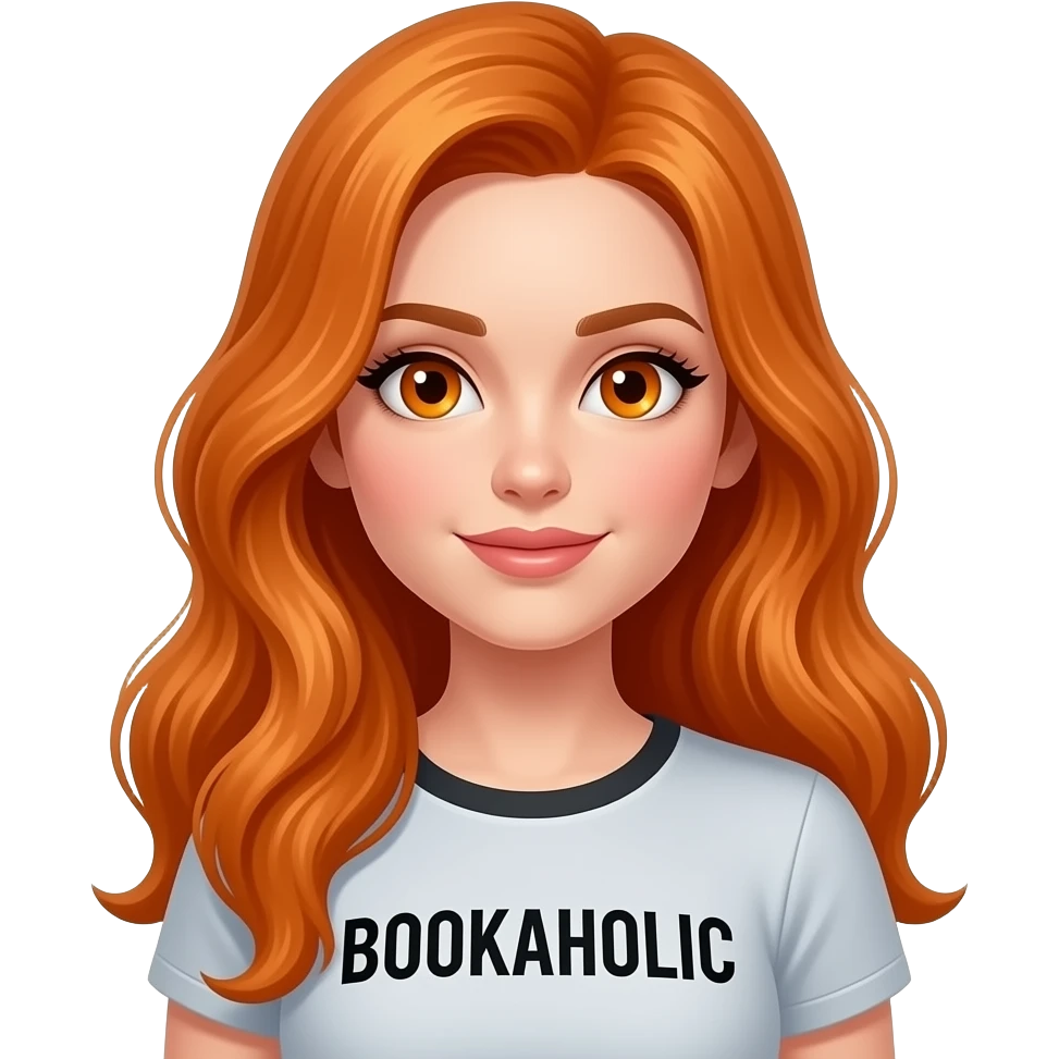 sexy girl with long ginger hair and ginger eyes a top with BOOKAHOLIC written on it emoji