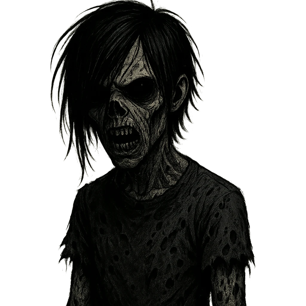 boy zombie with black hair, emo style, creepy, long hair, scary, black eyes, black skin, more intense expression emoji