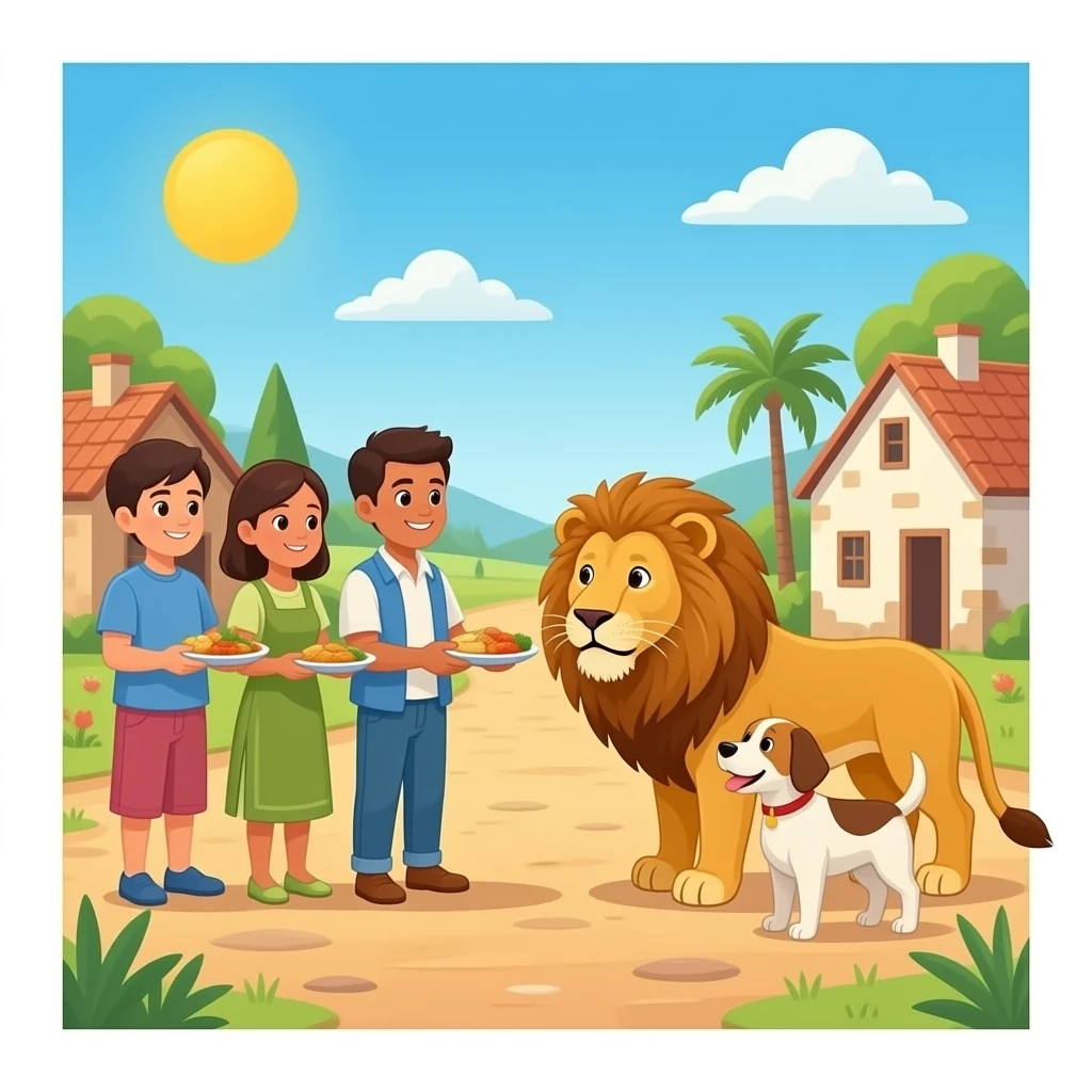 UNS humans donarlis de manja a un lleo i un gos en un poble i que llagin mes persones que tingin po els avitams del poble emoji