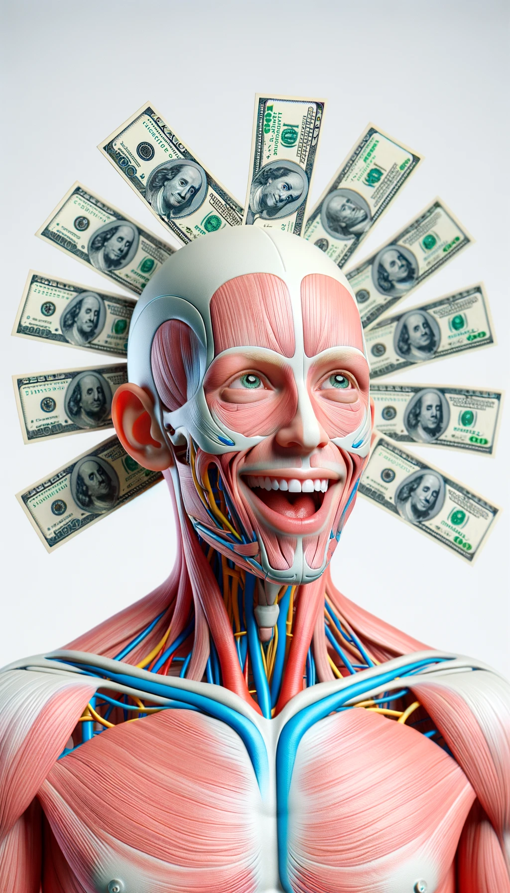 corpo umano anatomico sereno e felice con banconote sparse appiccicate sul corpo, colori realistici del corpo, espressione stupita, iperrealistica 4k, isolato su sfondo bianco emoji