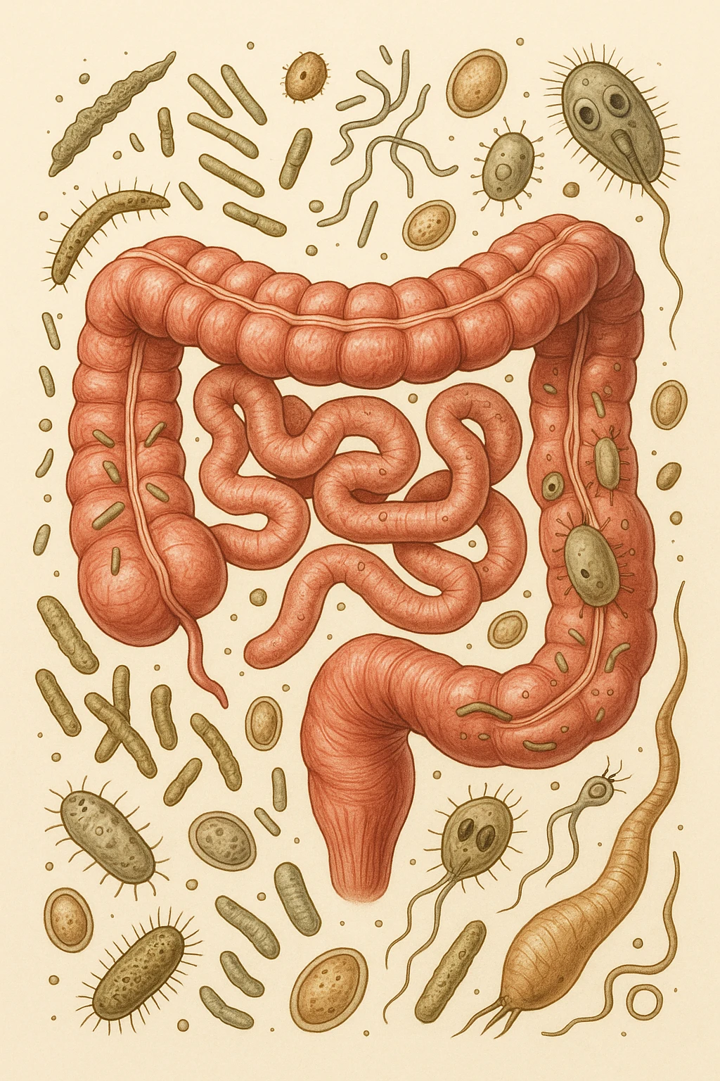 INTESTINO UMANO ANATOMICO CON BATTERI E PARASSITI INTORNO, SFONDO CHIARO NEUTRO emoji