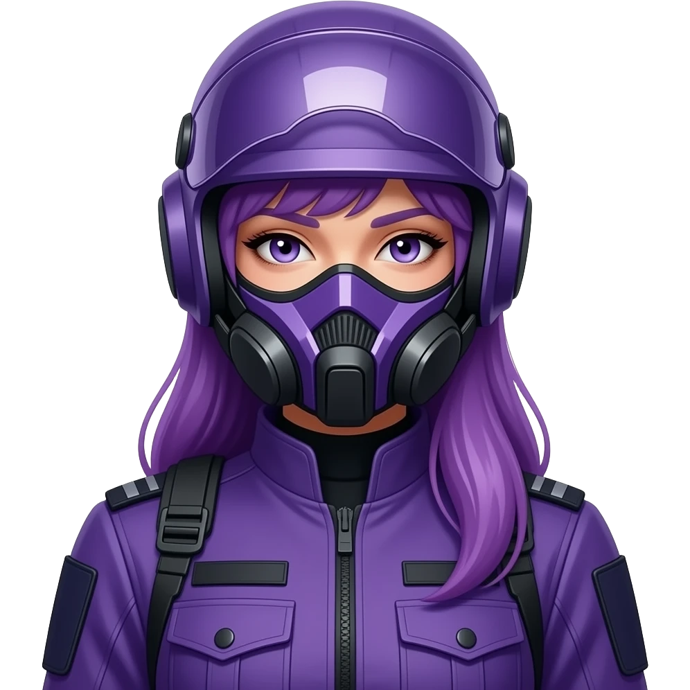 sexy girl with long purple hair wears a purple combat uniform with a helmet and a mask emoji